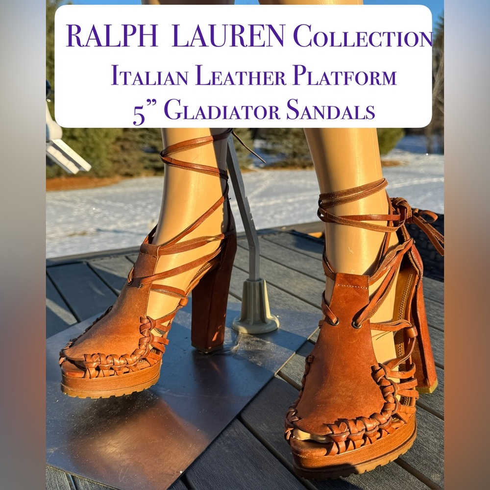 NEW🔥Ralph Lauren Collection, Purple Label Italian Leather Platform Sandals 👡 8 B